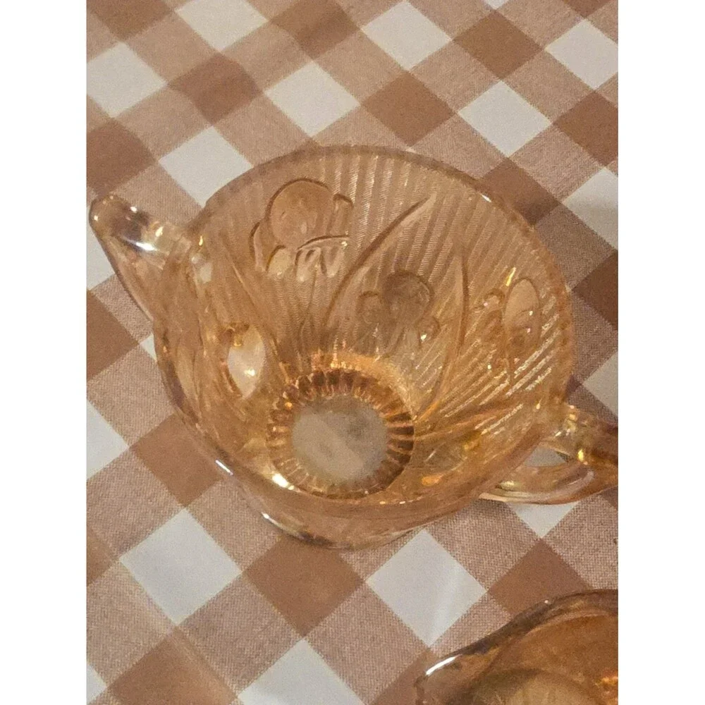 Vintage Marigold Carnival Glass Covered Sugar & Creamer